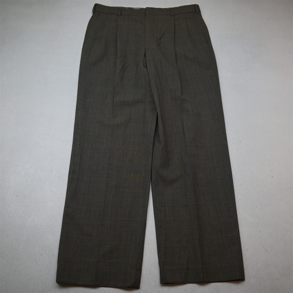 Vtg Stafford 34x30 Brown Glenn Check 100% Wool Pleated High Waist Dress Pants